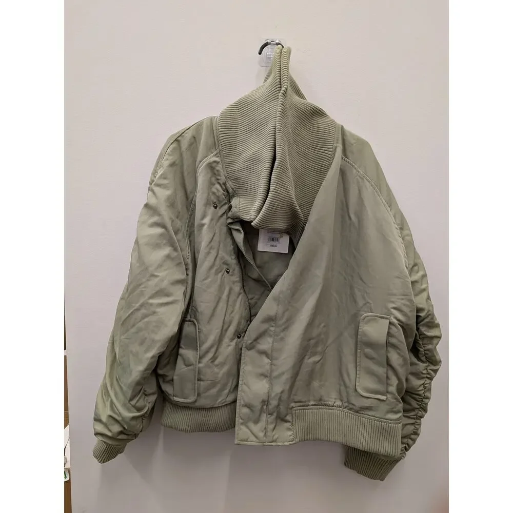 KBB Women’s Oversized Bomber Jacket Sage Green Ruched Sleeve Zip-Up Size S - Picture 1 of 8